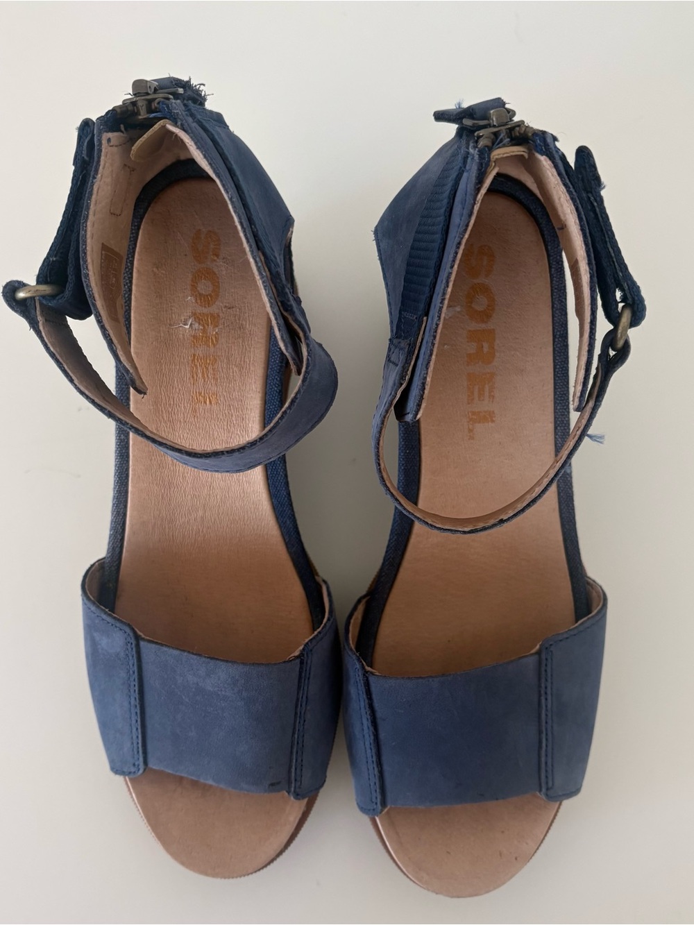 Sorel Joanie II Full Grain Leather Sandal Wedges Blue Tan Women Size 8 - Picture 2 of 8